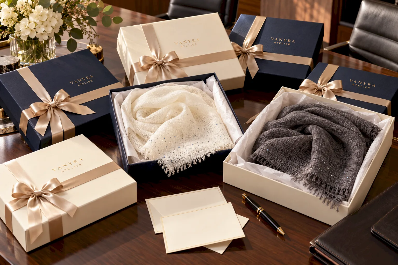 Branded VANYRA ATELIER gift boxes prepared for corporate gifting
